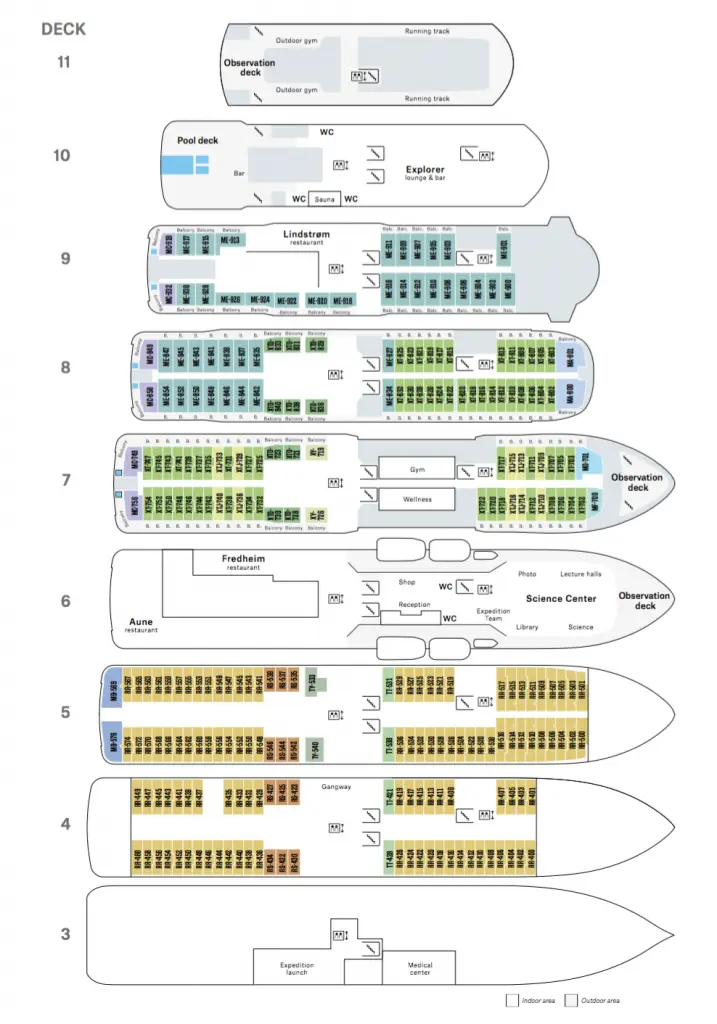 Detailed deck plan of MS Roald Amundsen with labeled decks, including cabin types, dining areas, gym, sauna, and outdoor observation zones across 11 levels