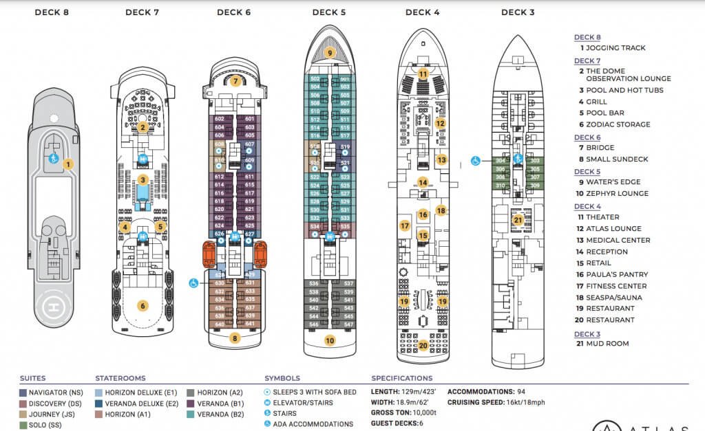 Cruise ship schematic for World Navigator, outlining staterooms, theater, spa, fitness center, and dining areas by deck level.