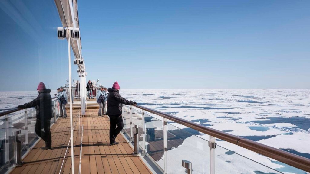 View from the ship of the pack of icebergs in the Arctic region